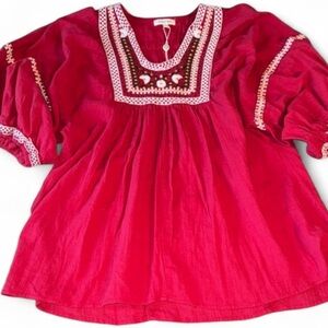 Max Studio shirt peasant style boho Red Embroidered short sleeve cotton NEW S